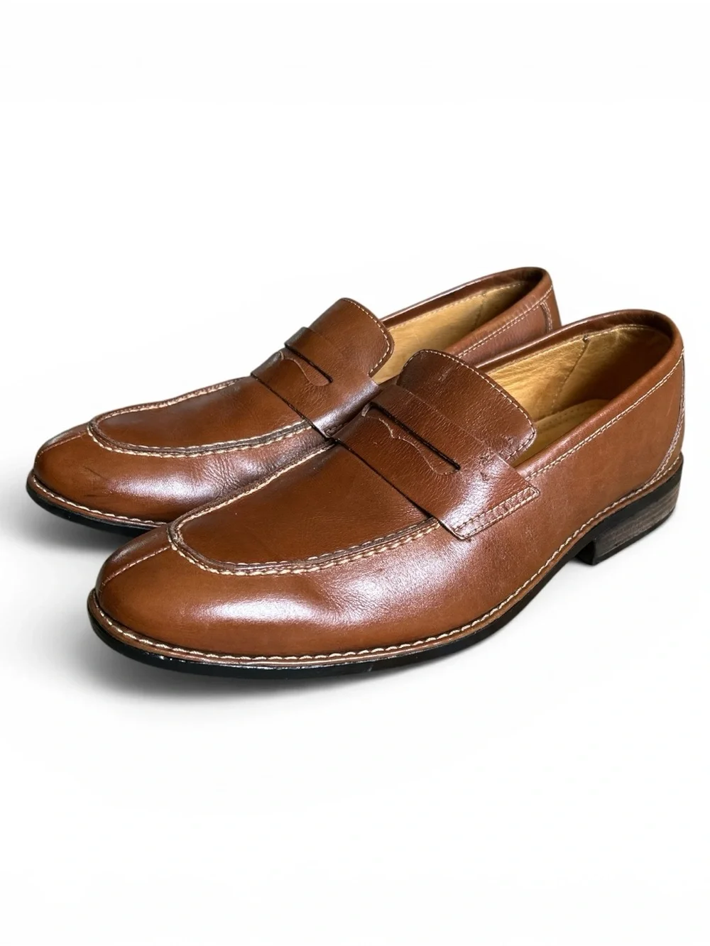 Sandro Moscoloni Cognac Tan Leather Penny Loafers Mens Size 9D Quiet Luxury Prep
